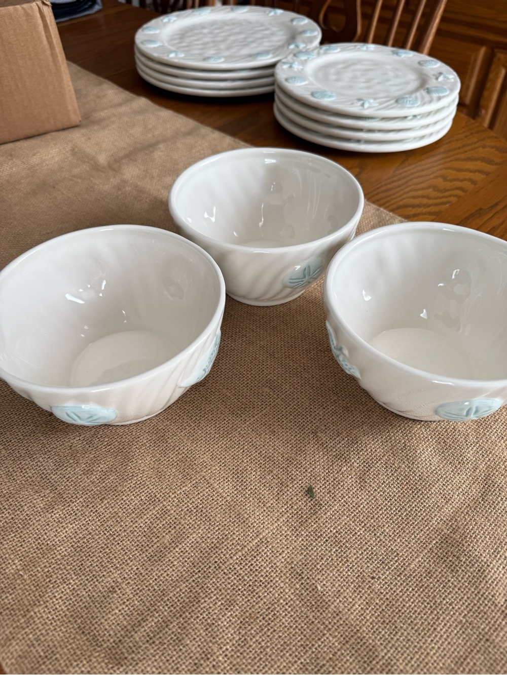Coastal Sand Dollar Ceramic Bowls (3) and Dish - White with Light Blue Accents - Picture 2 of 4